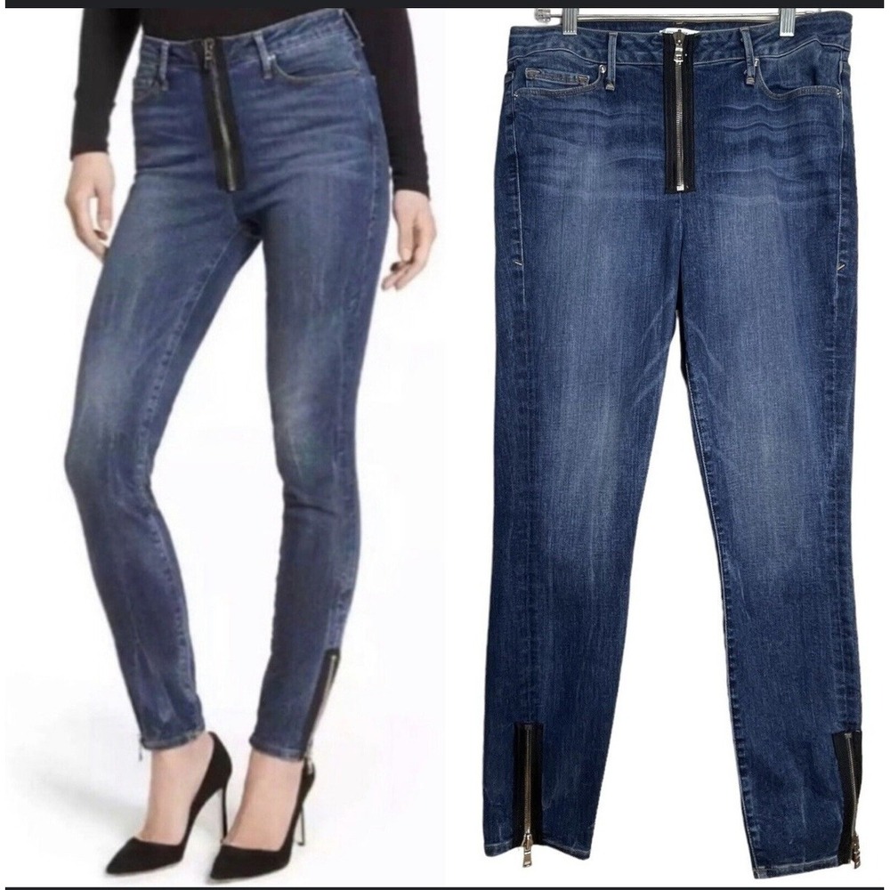 Good American Good Waist Exposed Zippers Skinny Jean Sz 16 Blue Stretchy‎